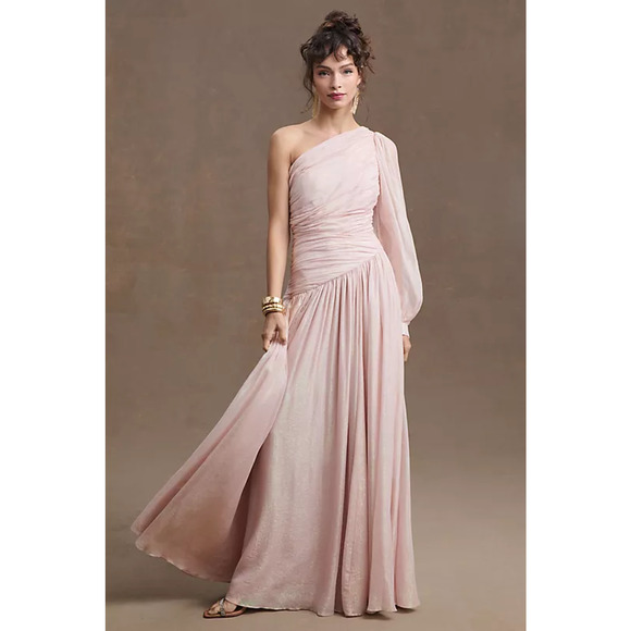 $398 BHLDN Jade Baby Pink Metallic One Shoulder Asymmetrical Gown 12 NEW